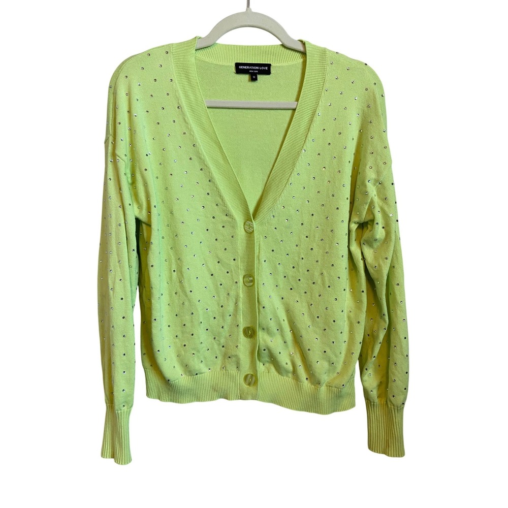 Generation Love Lime Green Rhinestone Embellished Silk Blend‎ Cardigan Size M